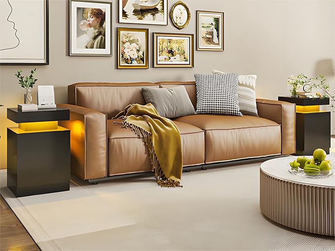 oneinmil Nightstand Set of 2 with LED Lights,Night Stand with Storage Cabinet for Bedroom,Bedside Table with LED, Black