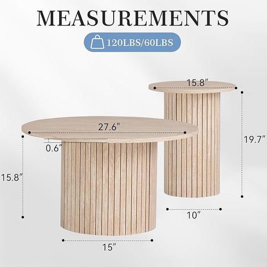 Small Round Coffee Table Set of 2, Wood Finish Nesting Coffee Tables, Boho Circle Side Table for Living Room (φ27.6 Large Short + φ15.8 Small Tall)
