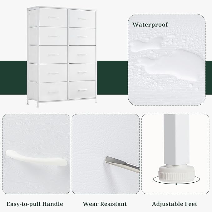 10-Drawer Dresser for Bedroom, Anti-Tip Tall Storage Organizer Chest of Drawers with Wooden Top and Metal Frame Fabric Bins for Closet, Living Room, Hallway, Entryway, White