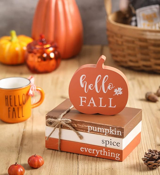 KORMMCO Thanksgiving Fall Wood Book Stack, Fall Thanksgiving Decorations Tiered Tray,Hello Fall Decor, Autumn Mini Faux Decorative,Farmhouse Mini Decorative Books Bundle