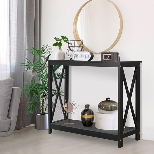 ZenStyle Sofa Side Console Table with 2 Storage Shelves Narrow Accent Table for Entryway/Hallway/Living Room, 39.3in L x 11.8in W x 31.6in H, Black