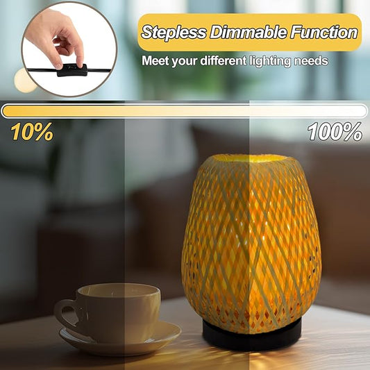 Boho Woven Nightstand Table Lamp - Rattan 3 Color Temperature Handmade Rattan Bamboo Lamp for Bedroom, Living Room