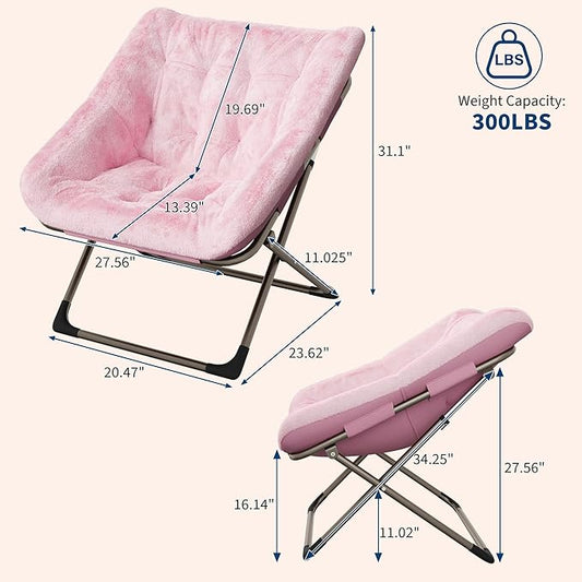 Folding Saucer Chair for Adults, Comfortable Living Room Lounge Chair with Soft Faux Fur Cushion, No Assembly Required, Foldable Accent Furniture for Apartments/Dorms/Bedrooms, Pink