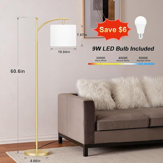 60" Floor Lamps for Living Room with 3 Color Temperatures, Adjustable White Shade with Gold Pole, Tall Lamps for Living Room Bedroom Office Classroom Dorm Room, 9W Bulb Included