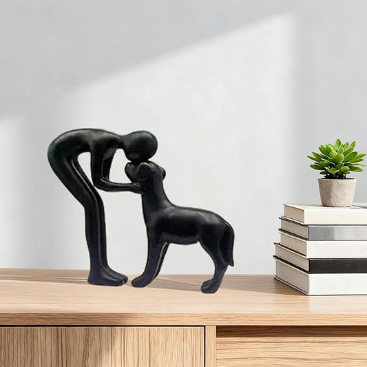 Mingzhang Human and Dog Statue Decoration Cute Black Dog Sculpture Home Decor for Office Living Room Bedroom, Memory Gifts for Pet Lovers Friends Family
