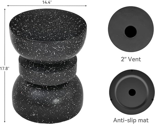 18" Outdoor Side Table, Modern Hourglass Garden Stool in Painted Faux Terrazzo-Look, Patio Coffee Accent Table Decorative, Durable Weatherproof & Easy Assembly Round Table for Room Porch Black