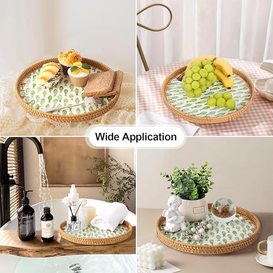Round Rattan Tray with Mother of Pearl Inlay, Rattan Serving Tray for Coffee, Bread, Fruits, Decorative Wicker Tray for Table Decor, Home Decor, Kitchen Island Decor (Round Green Fish, 11.8")