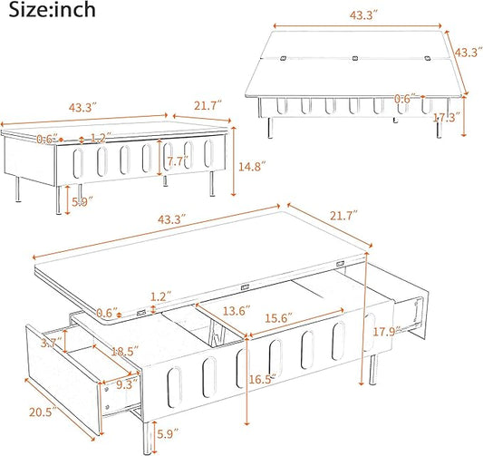 43.3-Inch Lift Top Coffee Table with Hidden Storage & 2 Drawers, Modern Multifunctional Center Table with Foldable Top for Living Room, Black