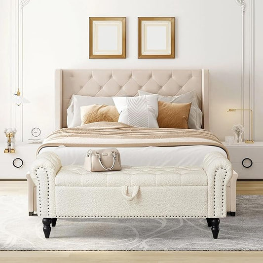 Furniliving Modern Storage Ottoman Bench, Sherpa Ottoman End of Bed Bench with Solid Wood Legs Upholstered Ottoman Benches with Storage Indoor Bench for Living Room with Rolled Arm, Entryway, White