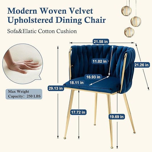 NIOIIKIT Modern Velvet Dining Chairs Hand Weaving Accent Chairs Living Room Chairs Upholstered Side Chair with Golden Metal Legs for Dining Room Kitchen Vanity Living Room (Navy)