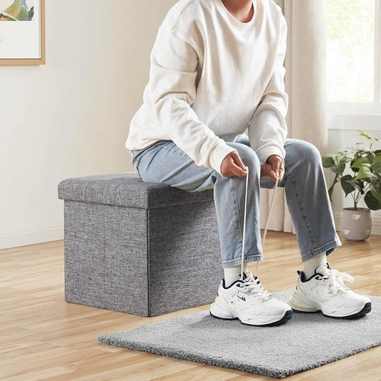 Ornavo Home Foldable Tufted Linen Storage Ottoman Square Cube Foot Rest Stool/Seat - 15" x 15" x 15" (Grey)