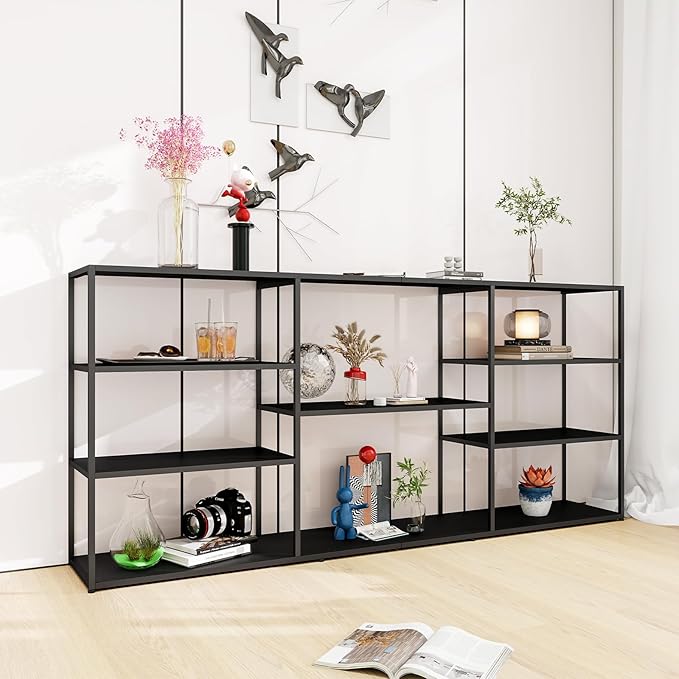 71 Inch Metal Console Table with 8 Storage Shelves,Extra Long Entryway Table,Narrow Sofa Table,Hallway Table for Entrances to Corridor, Foyer,Living Room (Black, 70.87×11.81×31.5)