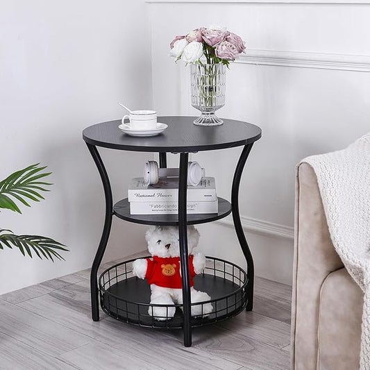 Round Side Table, 3-Tier Accent End Table with Storage Shelf, Corner Sofa Beside Table for Small Spaces,Nightstand with Metal Frame for Living Room, Bedroom (Black)