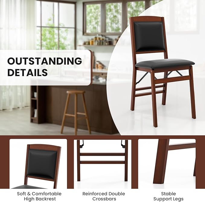 Folding Chairs Set 2, Wooden Foldable No Assembly Chair-Set with Padded Seats, Solid Wood Frame, 400 lbs Weight Capacity, Space Saving Dining Chairs for Small Space, Guests Kitchen (2, Padded Back)