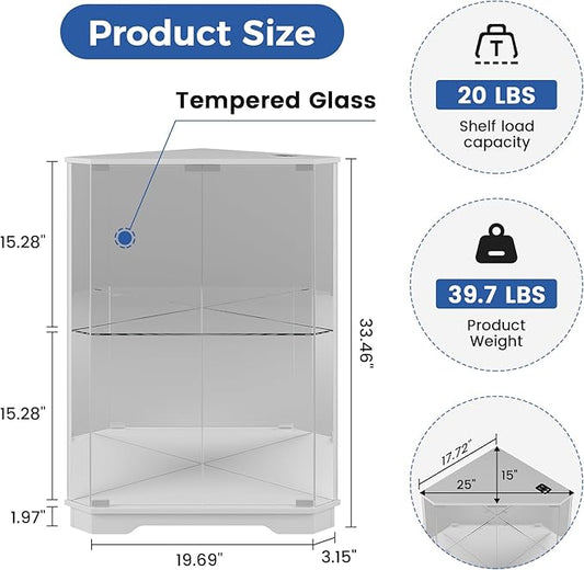 Corner Cabinet with Glass Doors, Small Storage Cabinet with LED Lights and Charging Station, 2-Tier Curio Cabinet with Storage for Living Room, Bedroom or Kitchen, White