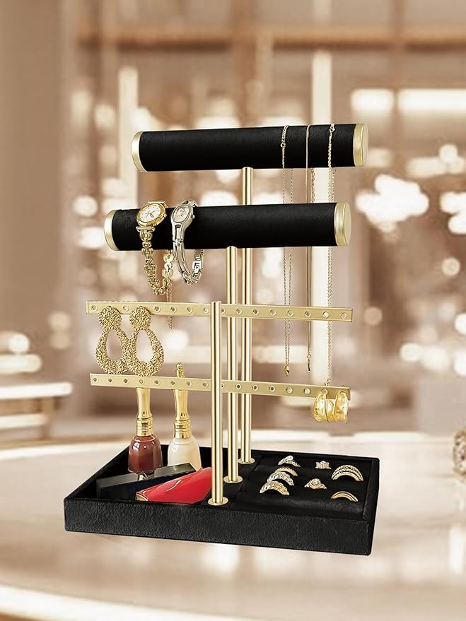 3 Tier Jewelry Organizer Stand with Detachable Ring Tray, Multi-functional necklace Holder for Bracelet, Earring, Elegant Closet Decor Gift for Women (Black)