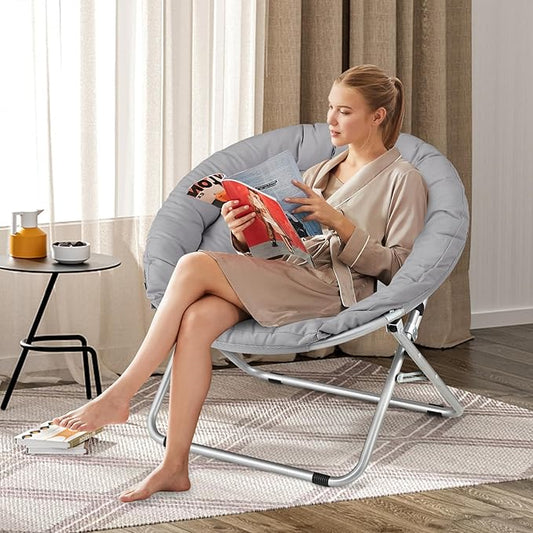 Athena Collection Comfy Saucer Chair, Folding Oversized Cozy Chair for Bedroom Living Room Fabric Reading Chair, Foldable Metal Frame Round Lazy Chair Moon Chair for Adult Set of 2, Gray