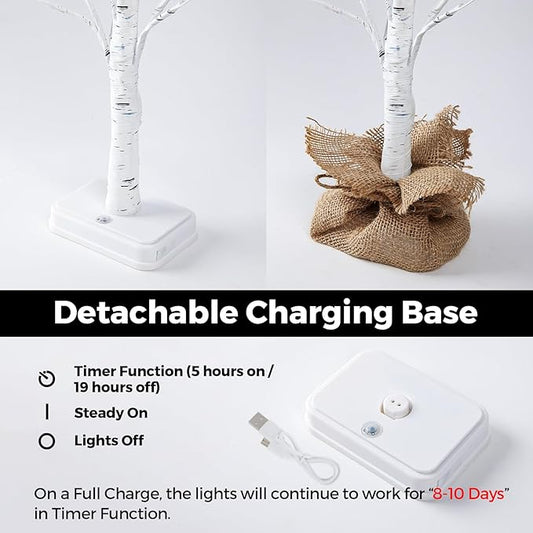 Lighted Birch Tree Christmas Decorations, 2Pack 2FT USB Rechargeable Tabletop Tree with LED Lights, Pre-Lit Artificial Mini Money Trees for Home Centerpiece Fireplace Party Decor(Timer)
