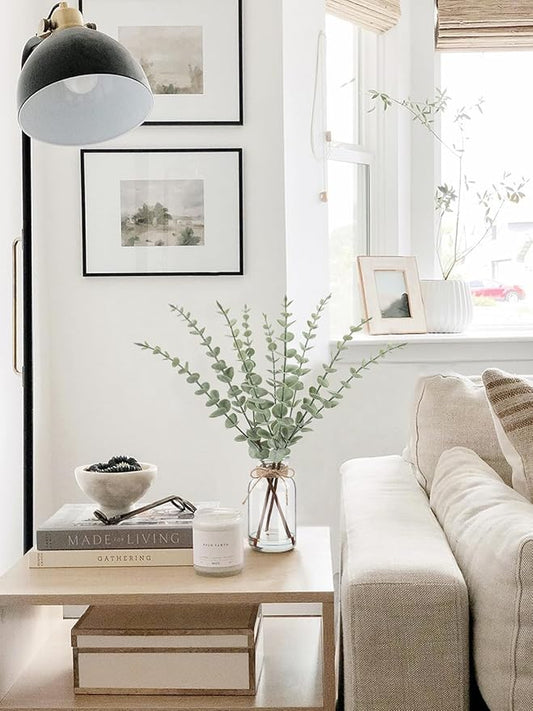 Artificial Eucalyptus Stems in Glass Vase with Faux Water,15.75" Fake Plants for Home Decor, Coffee Table Centerpieces, Office, Bathroom & Farmhouse Weddings - Faux Greenery Plants Decorations