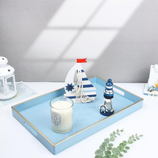 Spsyrine Blue Decorative Serving Tray with Handles, Elegant Plastic Coffee Table Tray for Ottoman, Living Room, Home Decor 15.6" X 10.2" Light Blue