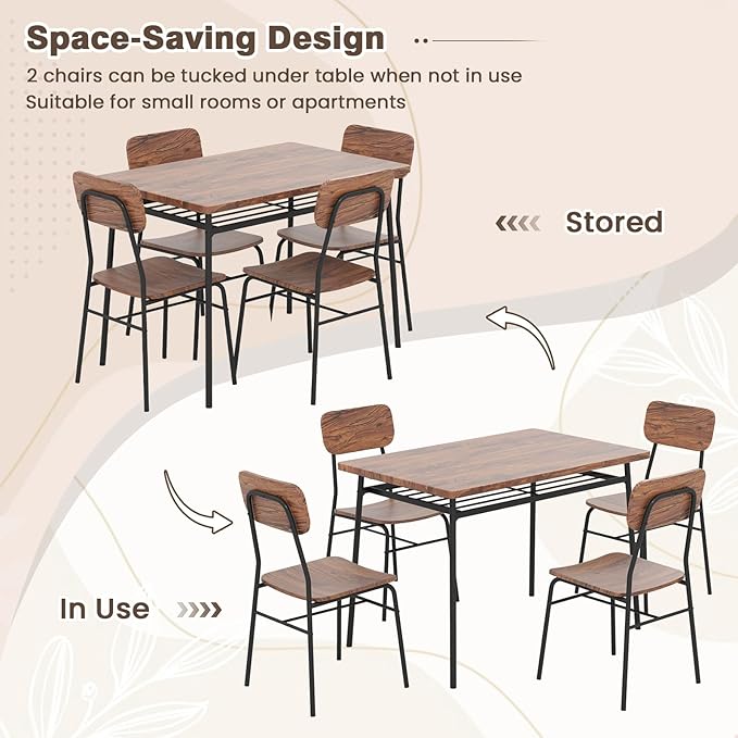 Tangkula Dining Table Set for 4,Kitchen Table & Chair Set w/Storage Rack, Metal Frame, Space-Saving Dinette Furniture Set for Breakfast Nook, Dining Room, Small Places