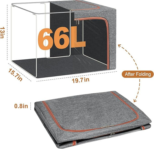 3 Pack Foldable Storage Bins with Metal Frame, Large Capacity Stackable Clothes Organizer with Clear Window & Carry Handles, Linen Fabric Storage Boxes for Closet (Gray, 3PCS-Large-66L)