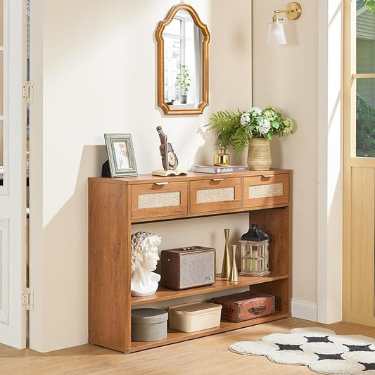 LEYAOYAO 48" Boho Rattan Console Table with 3 Drawers, 3 Tier Wooden Entryway Table with Open Storage Shelf, Narrow Long Behind Couch Sofa Tables for Living Room, Hallway, Entrance, Brown