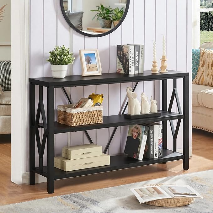 HOMISSUE Sofa Console Table, Rustic Console Table with 3-Tier Storage, Engineered Wood Sofa Tables with Open Shelves, Heavy Duty Entryway Tables for Living Room, Hallway (47 Inch, Black)