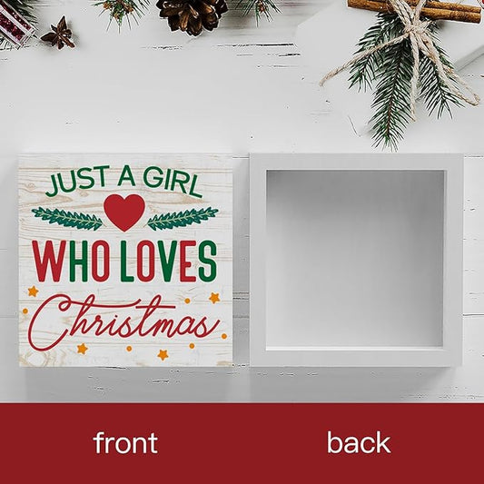 Rustic Just A Girl Who Loves Christmas Tree Wood Box Sign, Farmhouse Christmas Santa Artwork Decor, Wood Square Sign Desk Block Signs Home Shelf Office Decoration 5 x 5 Inches