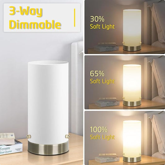 Bedside Touch Control Table Lamp for Bedroom 3 Way Dimmable Nightstand Lamp with Round Glass Shade for Living Room Kids Room Dorm Home Office(LED Bulb Included).