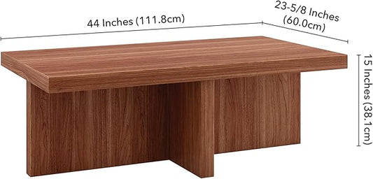 Henn&Hart 44" Rectangular Wood Pedestal Low-Profile Coffee Table for Living Room, Family Room, or Office, Satin Walnut