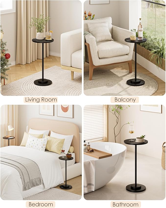 Round Side Table, Small Drink Table for Small Spaces, Modern Accent End Table with Metal Leg for Living Room, Bedroom, Corners, and Office (Black)