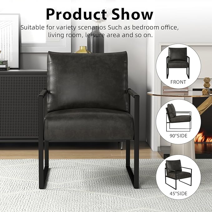 INZOY Leather Accent Chair with Metal Frame Set of 2, Comfy Living Room Chair with Plump Backrest and Cushion, Mid Century Modern Chair with Sturdy Structure, Easy to Clean, Dark Grey