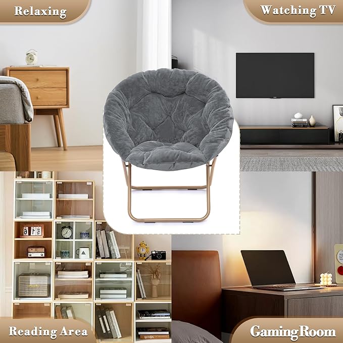 Athena Collection Comfy Saucer Chair Folding Cozy Chair for Bed Room Living Room Accent Chair Faux Fur Reading Chair Foldable Metal Frame Lazy Chair Moon Chair for Adult Set of 2, Grey