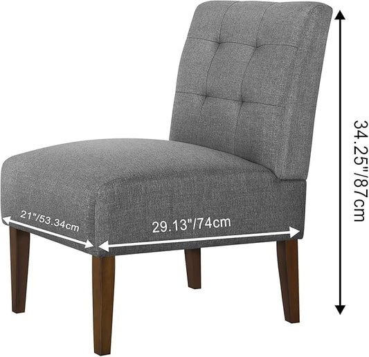 Slipper Accent Chair Modern Armless Lounge Chair with Wood Legs Upholstered Makeup Vanity Tufted Side Chair Fabric Comfy with Decor Back for Living Room Bedroom Patio (Pin Back, Grey)
