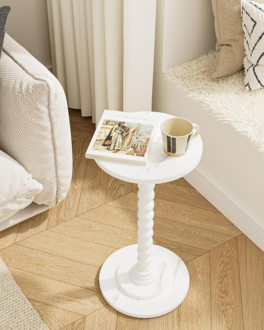 Masupu Round Side Table, Small Drink Table for Small Spaces, Pedestal End Table with Solid Wood Leg for Living Room, Bedroom, Corners(Marble White)