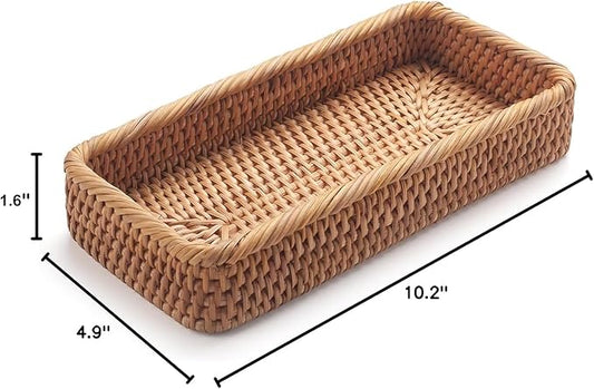 Rattan Bathroom Vanity Trays Toilet Tank Baskets Long Narrow Hand Towel Storage Basket for Storage, Decorative (Natural 10.2 x 4.9 x 1.6 inch)
