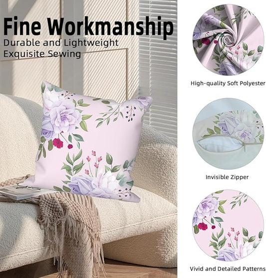 Purple Floral Throw Pillow Covers 26"x26" Set of 4, Spring Countryside Flowers Couch Pillowcases Decorative Square Cushion Covers for Chair Sofa Bed Living Room Garden Car Indoor Outdoor