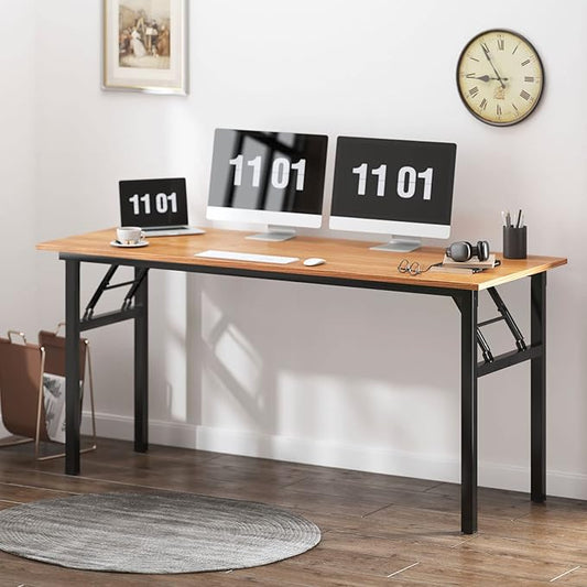 SDHYL 62 inches No Assembly Foldable Computer Desk for Home Office Workstation, Modern Study and Writing Folding Table with Metal Frame, Teak and Black