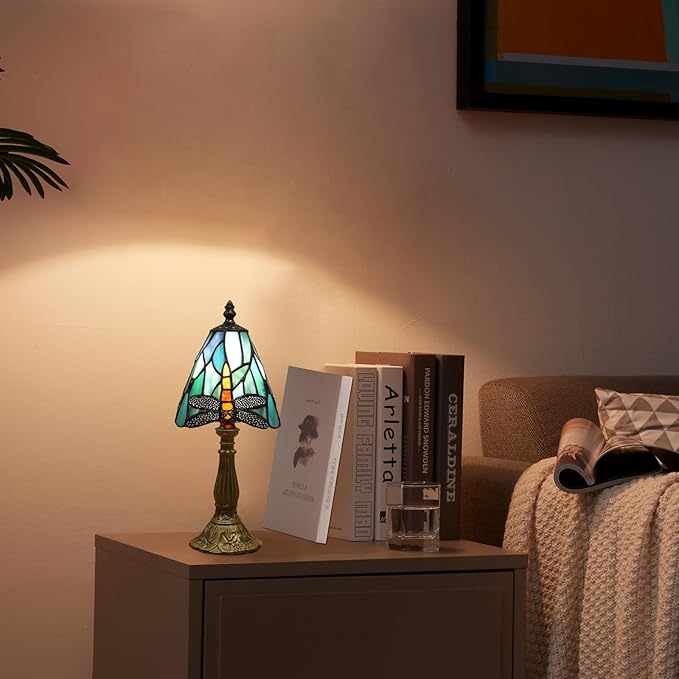 Tiffany Small Lamp Blue Dragonfly Stained Glass Bedside Nightstand Table Lamp,3-Way Color Temperature Handcrafted Lamps for Living Room Bedroom+ LED Bulb,Gifts for Home Decor,6X6X13Inch