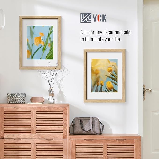VCK 12x16 Picture Frame 2 Pack - Natural Oak, High-End Wood Poster Frames with Tempered Glass, Display 8.5x11 Photo with Mat or 12x16 without Mat, Art Gallery-Quality, Wall Hanging, Natural Oak