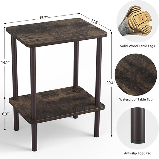 Apicizon 2 Tier End Table Set of 2, Small Side Table with Solid Wood Legs, Boho Bedside Table with Storage Shelf, Nightstand for Small Spaces, Bedroom, Living Room, Entryway, Rustic Oak