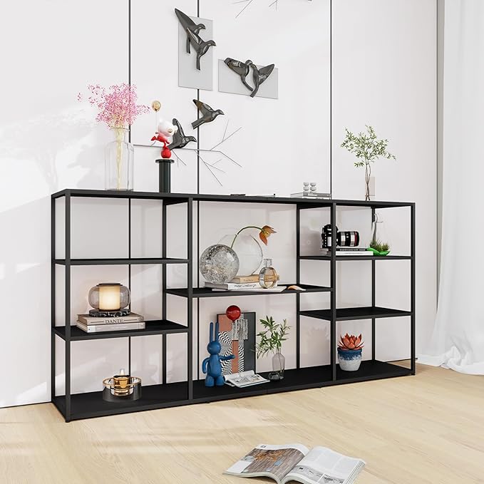 63 Inch Metal Console Table with 8 Storage Shelves,Extra Long Entryway Table,Narrow Sofa Table,Hallway Table for Entrances to Corridor, Foyer,Living Room (Black, 62.99×11.81×31.5)