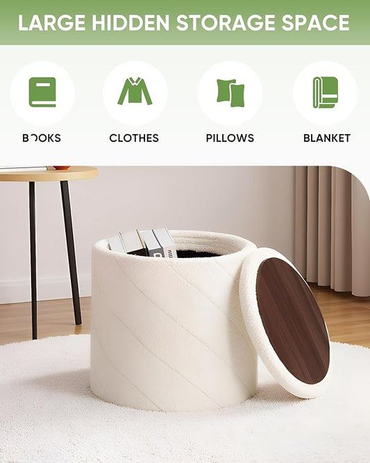 B FSOBEIIALEO Ottoman with Stroage, Boucle Round Storage Ottoman with Tray, Foot Rest Stool for Dorm Room, Living Room White, 12.99"x12.99"x13.78"
