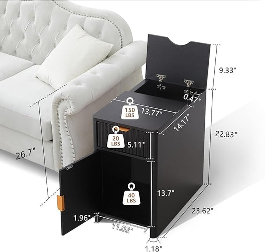 Fluted Narrow End Table with Charging Station, Black Side Table with Drawer Storage, Small Night Stand with Power Outlets and USB Ports, Sofa Side Table for Living Room - Black