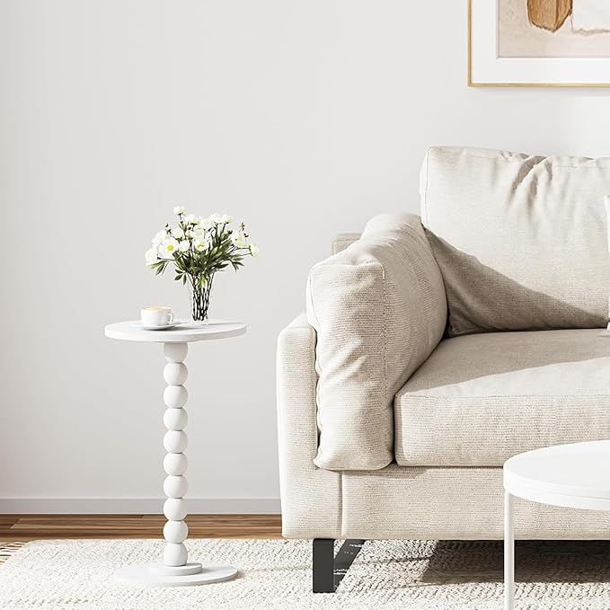 Round Side Table, Small Drink Table for Small Spaces, Pedestal End Table for Living Room, Modern Accent Nightstand with Solid Wood Leg for Bedroom, Corners and Office White Color UTBT005W