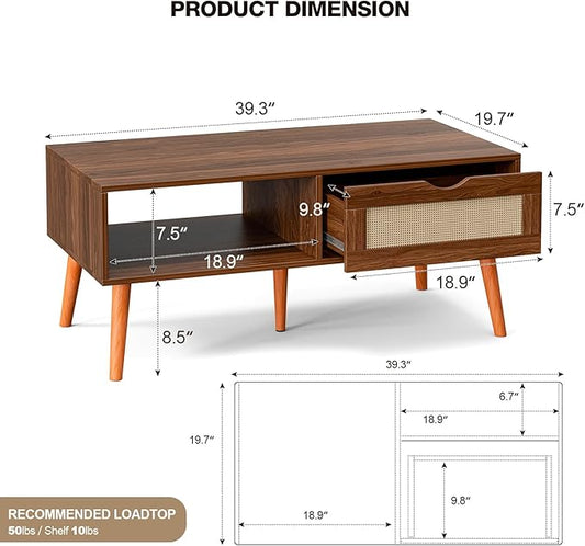 Coffee Table with Storage, Boho Dining Table with Rattan Drawer and Solid Wood Legs, Small Coffee Tables for Living Room, Walnut