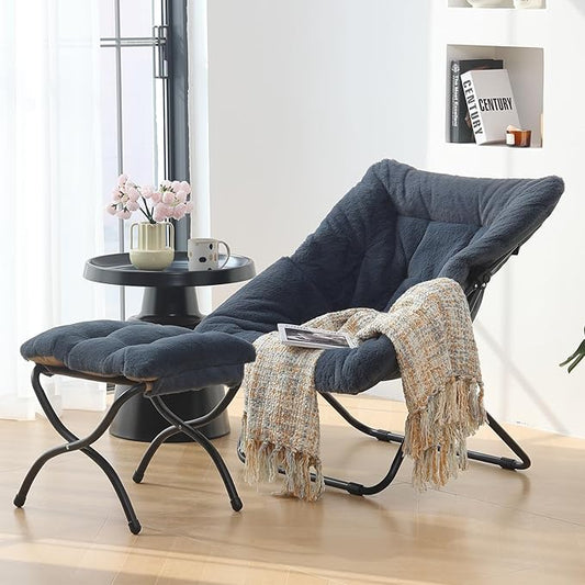 Saucer Chair with Ottoman, Comfy Doorm Chairs, Oversized Folding Faux Fur Chair, Foldable Metal Frame Chair for Bedroom, Living Room(Navy Blue)