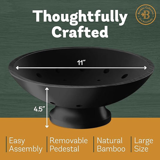 Black Wooden Fruit Bowl - Large Decorative Pedestal Bowl for Kitchen Counter & Dining Table Centerpiece, Modern Bamboo Serving Bowl for Fruits, Salads, Snacks, Keys, Bread, Entryway or Home Decor Gift