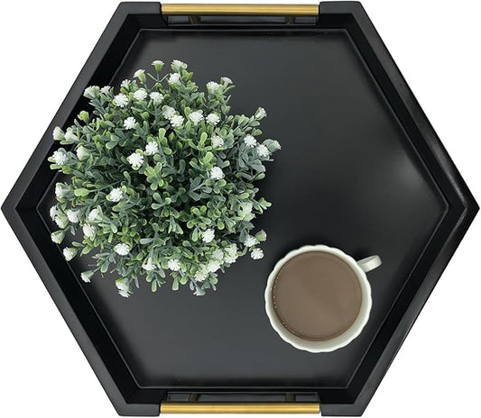 Serving Tray with Polished Metal Handles, Hexagon Coffee Table Tray, Modern Rectangle Decorative Tray, Large Ottoman Tray, Perfect for Storage and Display (Black Hexagon)